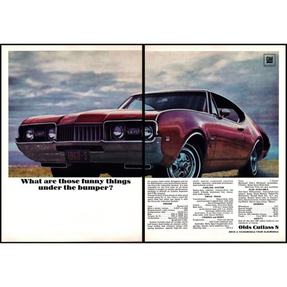 1968 Oldsmobile Cutlass S Coupe 2 Page Vintage Print Ad Red Rocket V8 Wall Art - Picture 1 of 3